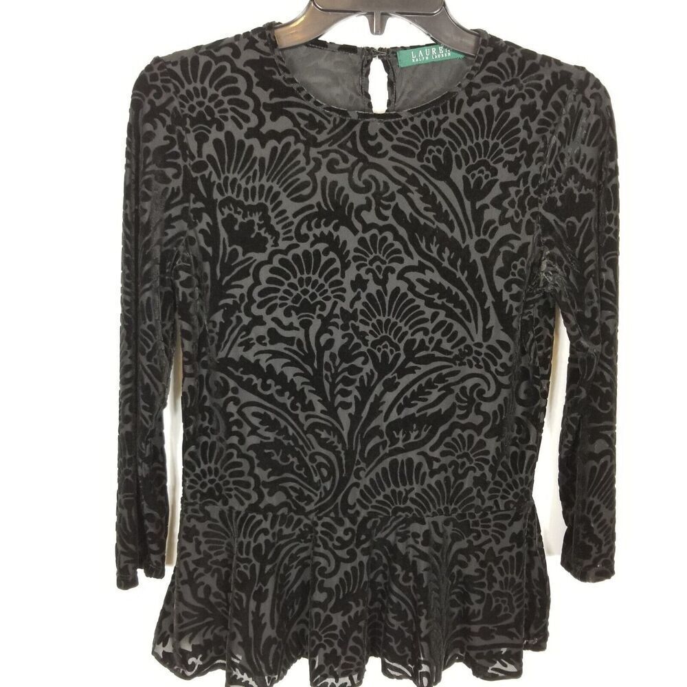 Lauren Ralph Lauren  Black Burnout‎ Velvet Floral Paisley Peplum Top Sz S Whimsy